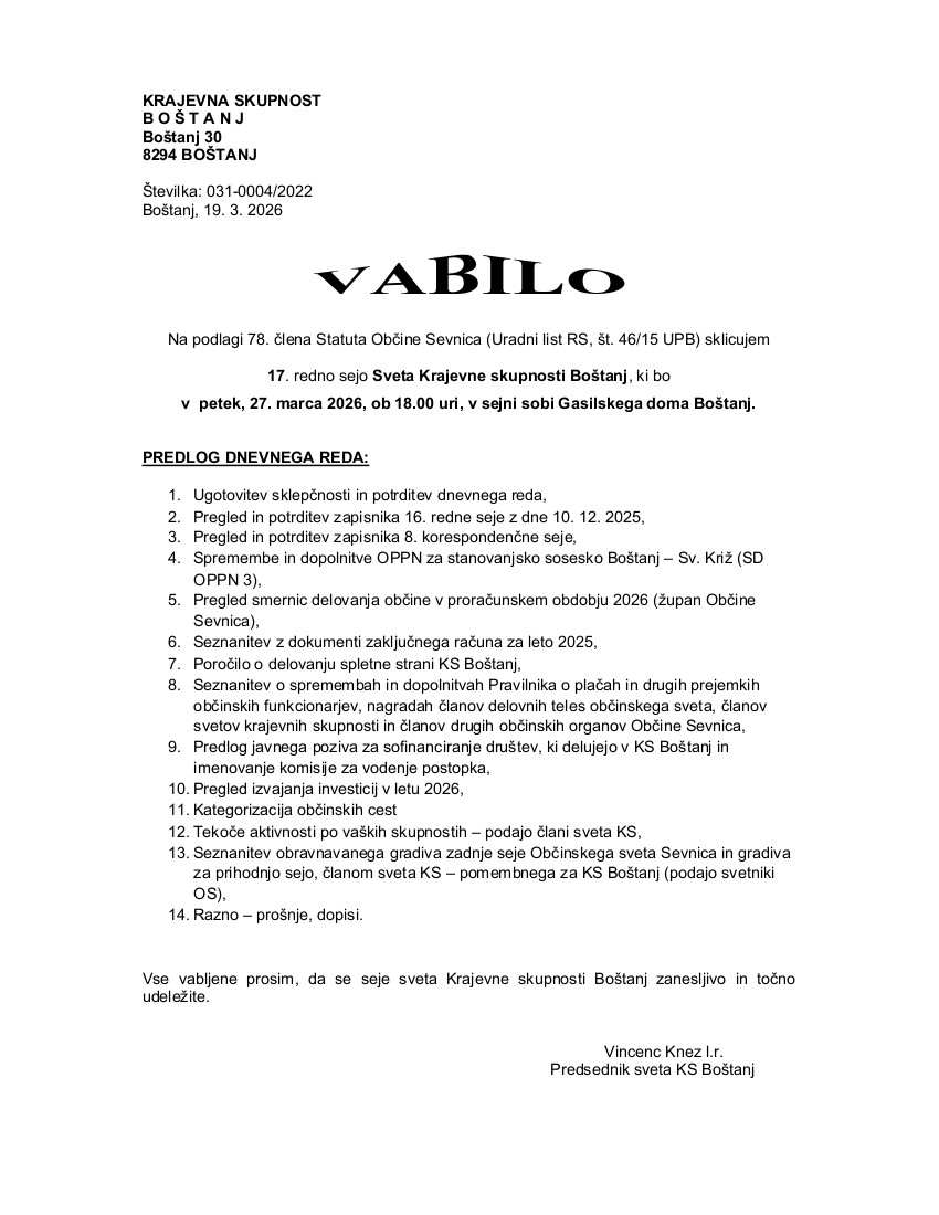 Vabilo na 17. redno sejo KS Boštanj